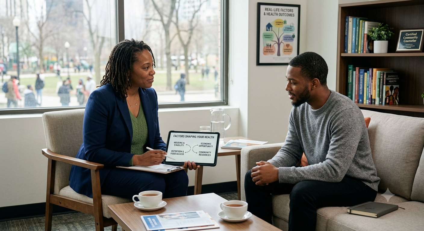 A professional woman counseling a man in an office setting. They are seated opposite each other with a small table between them, holding cups of tea. The woman is showing a tablet with a diagram titled 'Factors Shaping Your Health.' There is a window behind them and bookshelves on the right side.