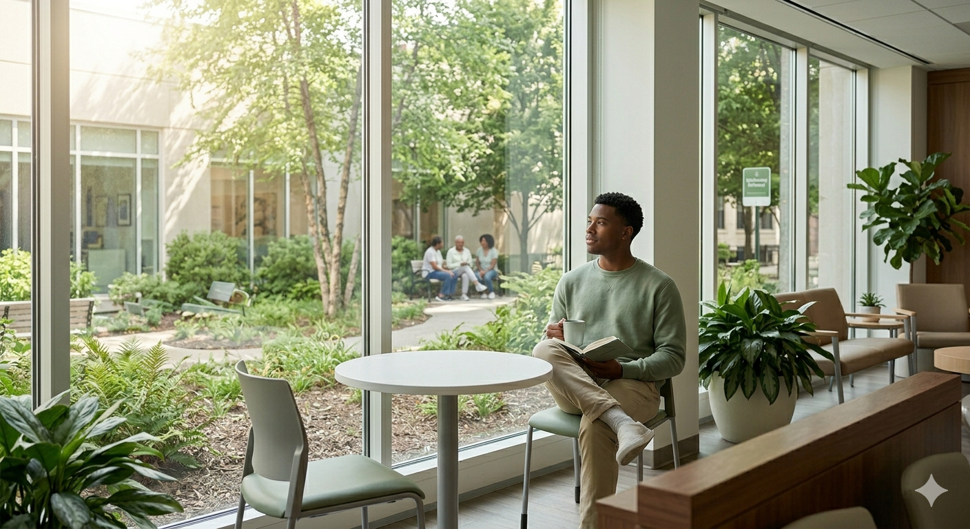 A man sitting in a bright indoor space near large windows, holding a mug and a book, with a view of a landscaped garden and people sitting outside.
