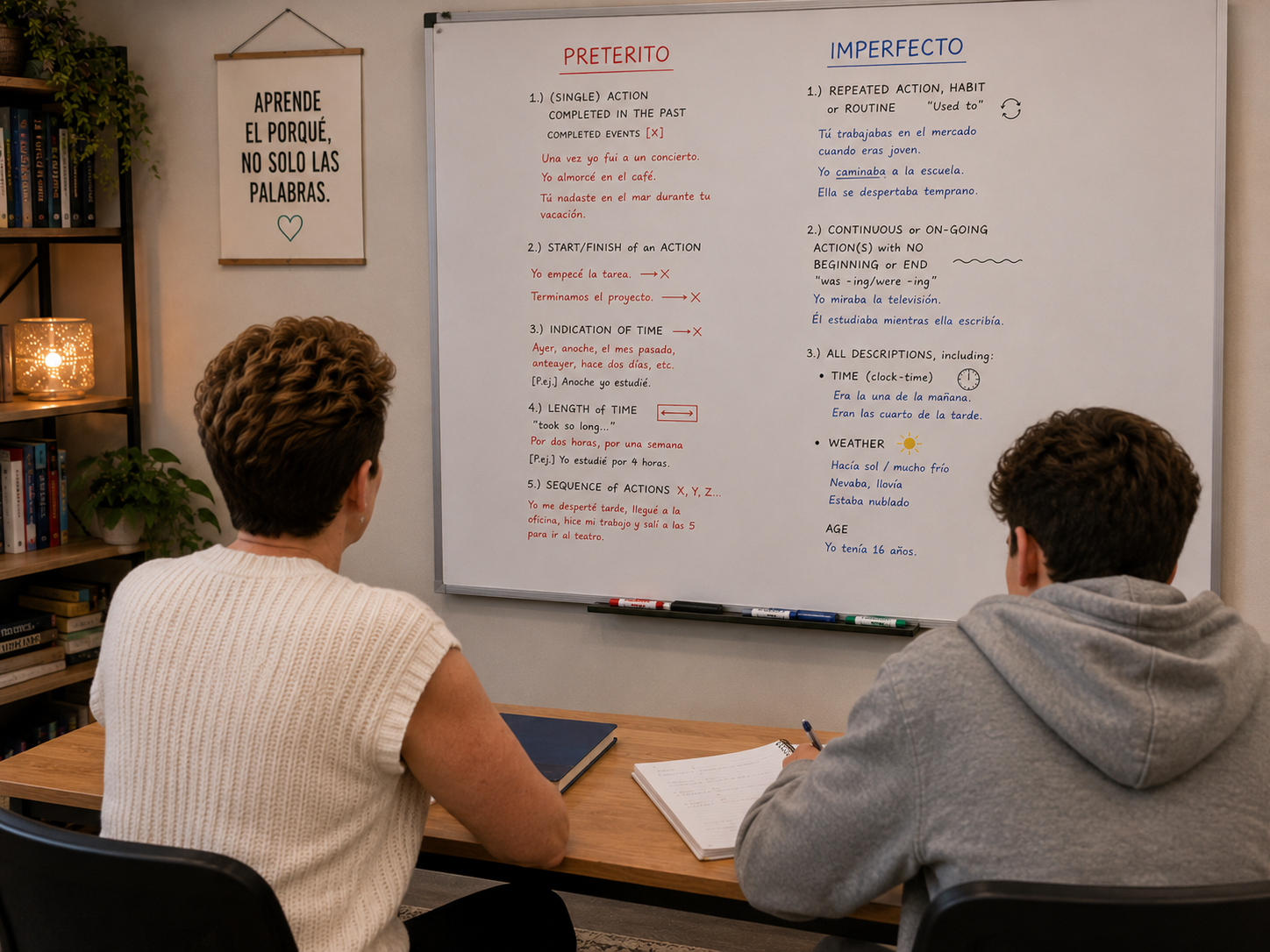 Two students sitting at a desk in a classroom or study space, looking at a whiteboard with Spanish grammar explanations on preterite and imperfect tense.