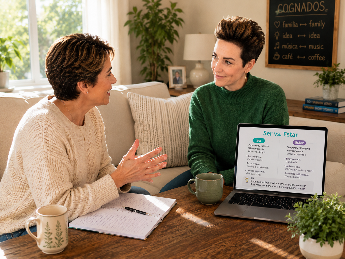 Two women having a conversation at a wooden table with a laptop displaying Spanish verb conjugation, notebooks, mugs, and a plant in a cozy living room.