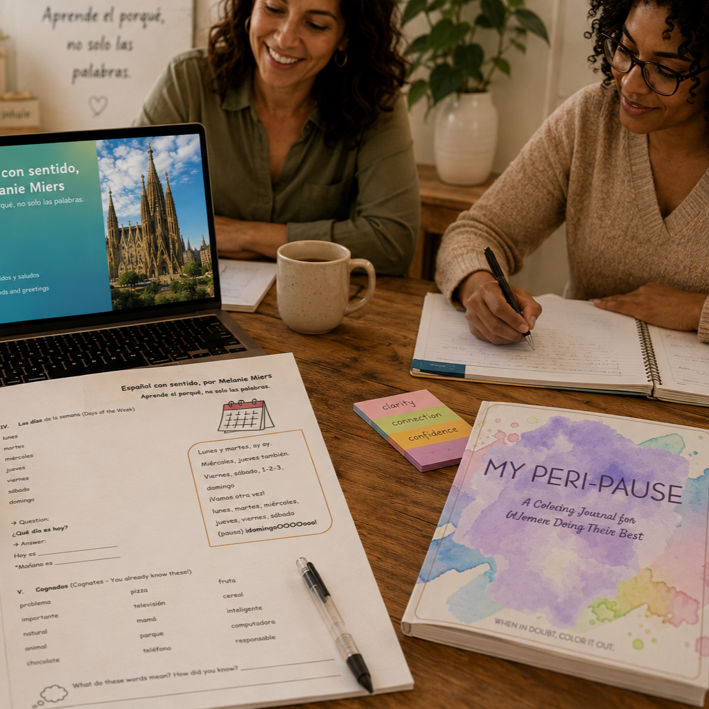 Two women sitting at a table with a laptop, notebooks, a cup of coffee, and educational materials, engaging in a learning activity.