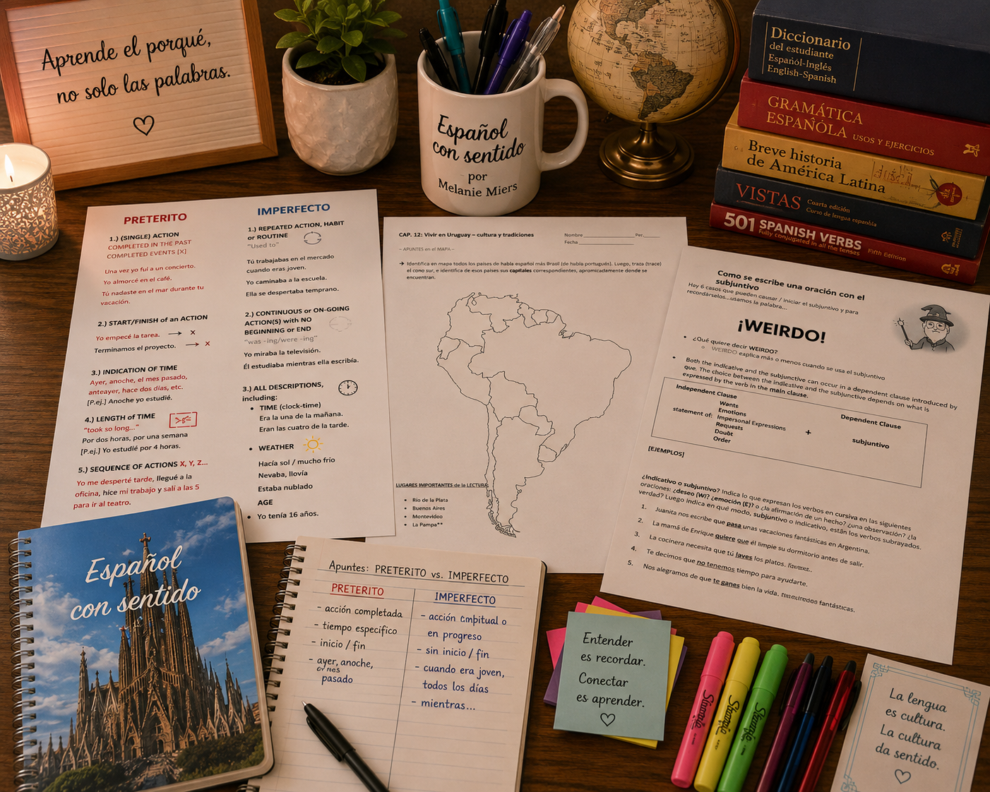 Desk with Spanish learning materials, notebooks, books, pens, a globe, a potted plant, and a lit candle. Includes motivational and educational notes about Spanish language learning.
