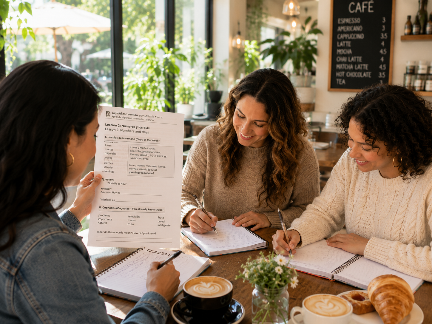 Three women sitting at a wooden table in a cozy cafe, smiling and working on language learning sheets with notebooks and pens, with coffee and pastries on the table and a plant in the center.