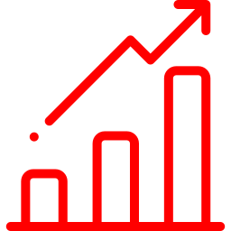 Red upward trending bar graph with arrow indicating growth.