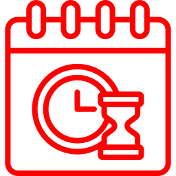 A red outline of a calendar with a clock and an hourglass.