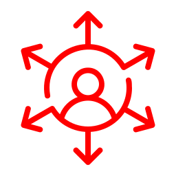 Red icon of a person with arrows pointing outward in multiple directions.