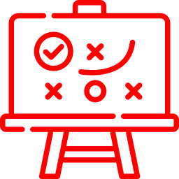 Red outline of a chalkboard with a game plan including checkmarks, X's, a red line, and a circle, on a stand.