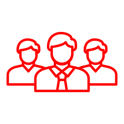 Line drawing of three people wearing glasses, outlined in red.