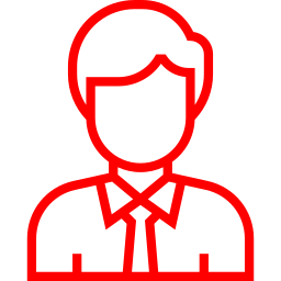 Line drawing of a person wearing a collared shirt and tie, with short hair, outlined in red.