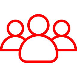 Icon of a group of four people outlined in red on a black background.