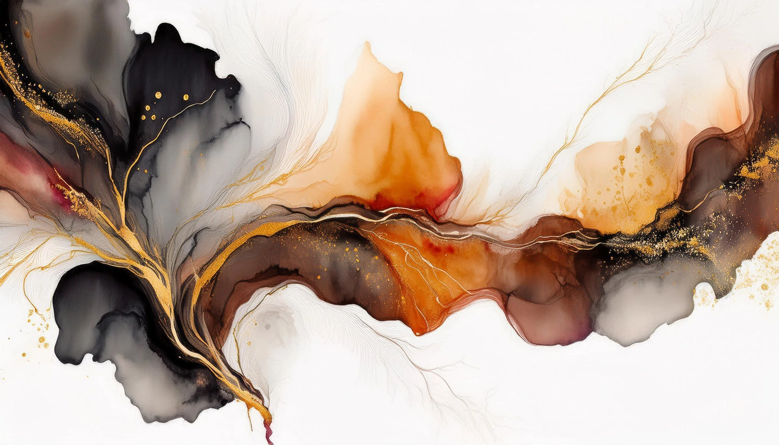 An abstract painting with flowing black, white, orange, and gold colors blending together, with fine gold lines and speckles enhancing the composition.