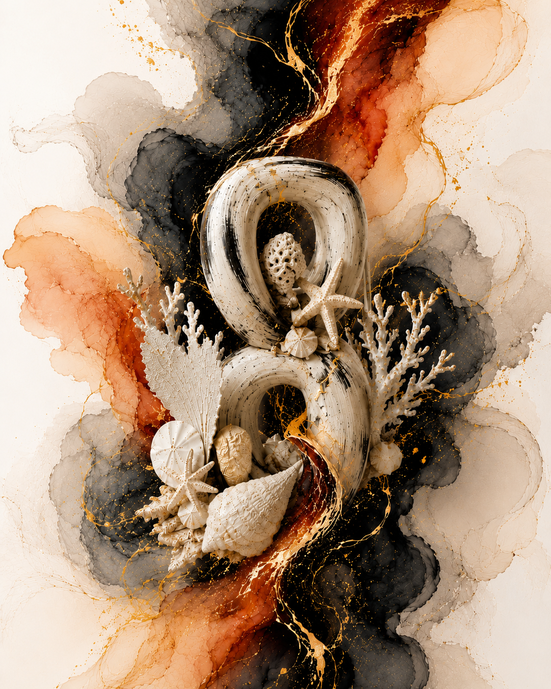 Abstract artwork featuring seashells, starfish, coral, and other marine elements with swirling black, white, beige, and orange watercolor-like background and gold accents.