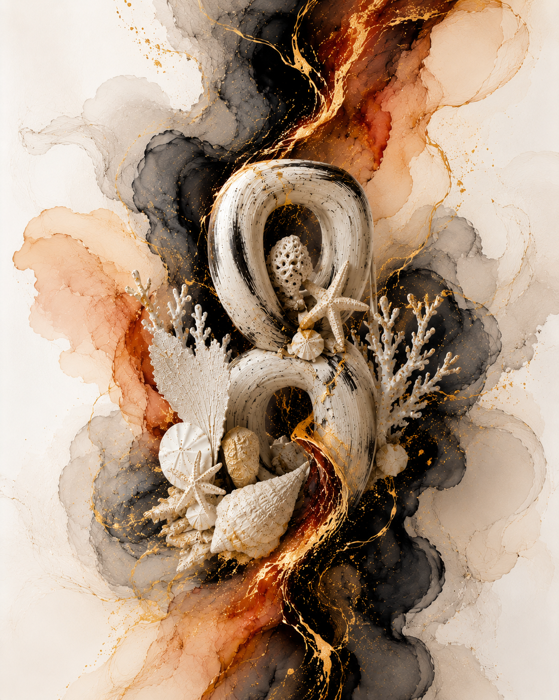 Abstract artwork featuring a large shell, starfish, coral, and sea urchin with a background of watercolor-like splashes in shades of black, cream, orange, and gold.