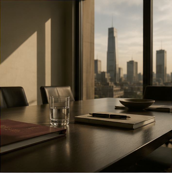 Sala de reuniones con mesa de madera, libros, bolígrafo, vaso con agua y vista a la ciudad de Nueva York desde la ventana.