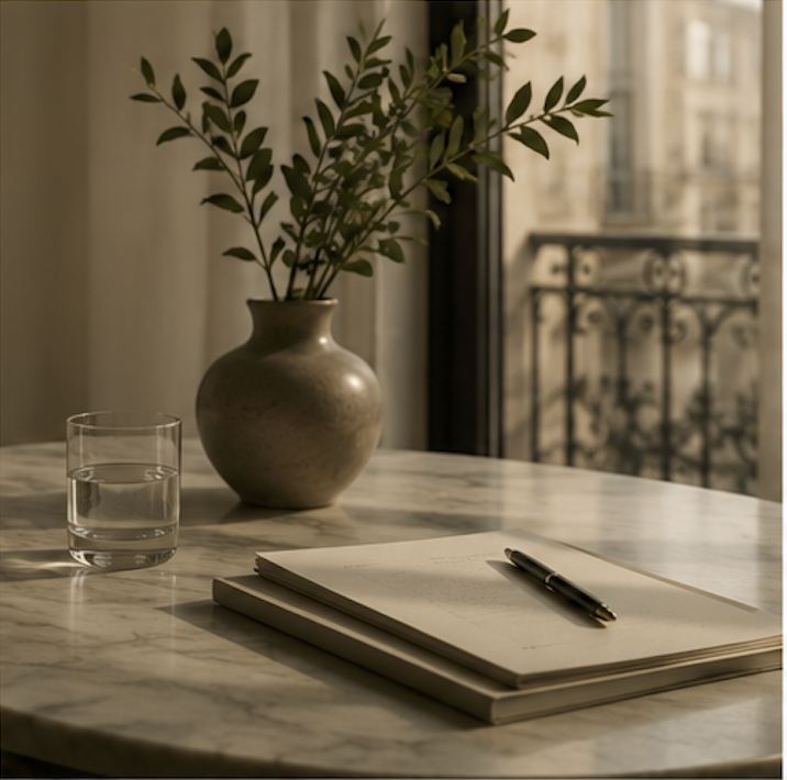 Vaso de cerámica con plantas verdes, vaso con agua y cuadernos con bolígrafo sobre mesa de mármol en una habitación con balcón.