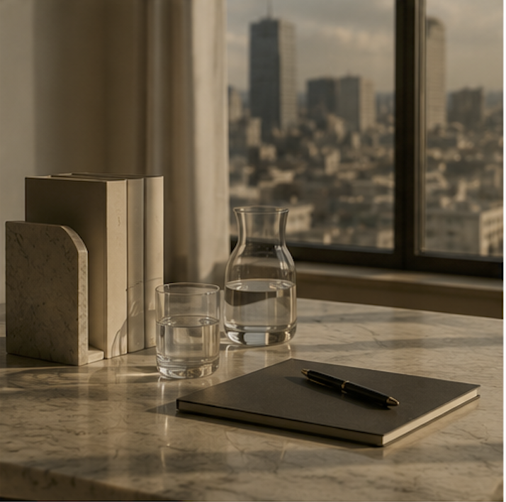 Mesa de mármol con una libreta y bolígrafo, dos vasos con agua y una jarra, con vista a la ciudad a través de una ventana