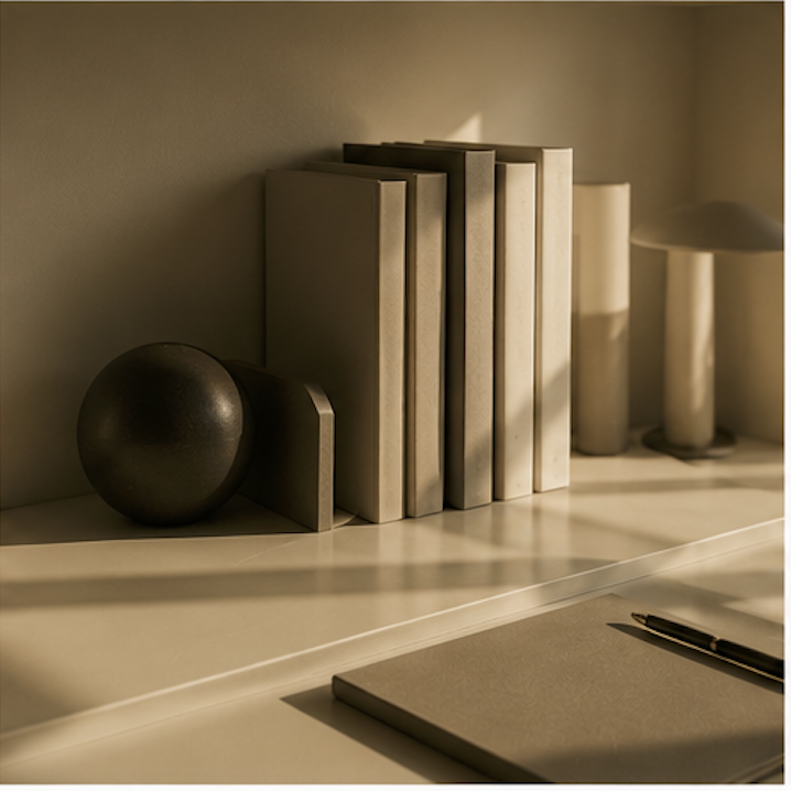 Estantería con libros blancos, una esfera negra, y dos objetos cilíndricos blancos con sombrero de seta en una pared de fondo. Primer plano de una libreta y bolígrafo en una mesa.