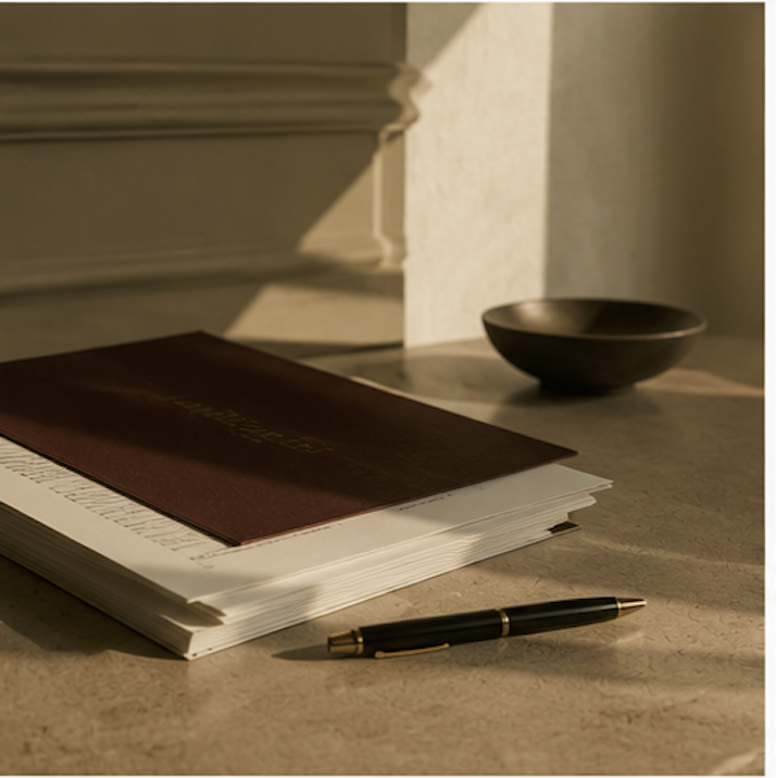 Libro, bolígrafo y un recipiente negro en una mesa.