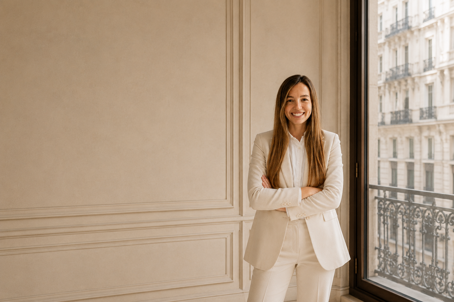 Mujer en traje crema sonriendo con brazos cruzados, de pie junto a una ventana en un interior elegante con paredes beige y molduras.