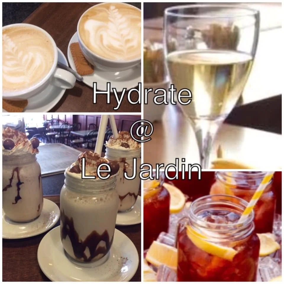 A collage of drinks including two cups of coffee with latte art, a glass of white wine, and mason jars filled with iced tea with lemon slices, promoting hydration at Le Jardin.