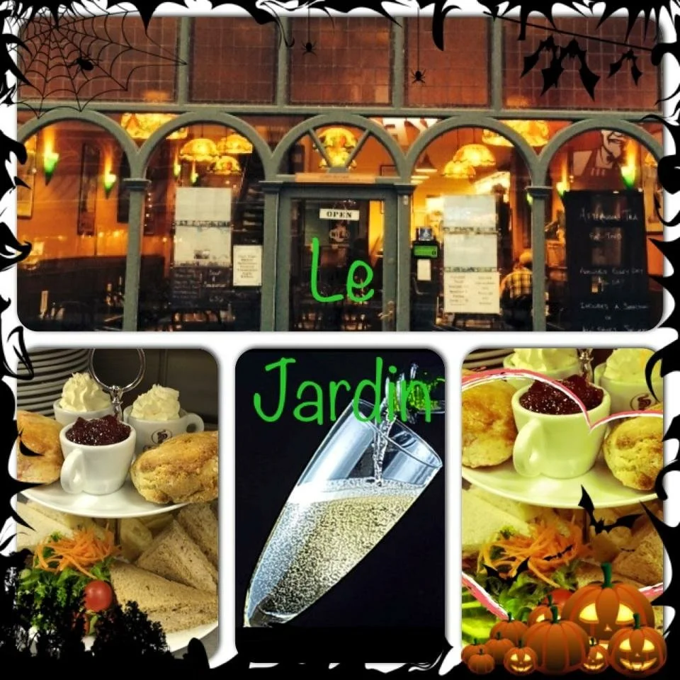A collage featuring the exterior of a restaurant named 'Le Jardin', two images of desserts with whipped cream, jam, and scones, an image of a glass of sparkling wine.