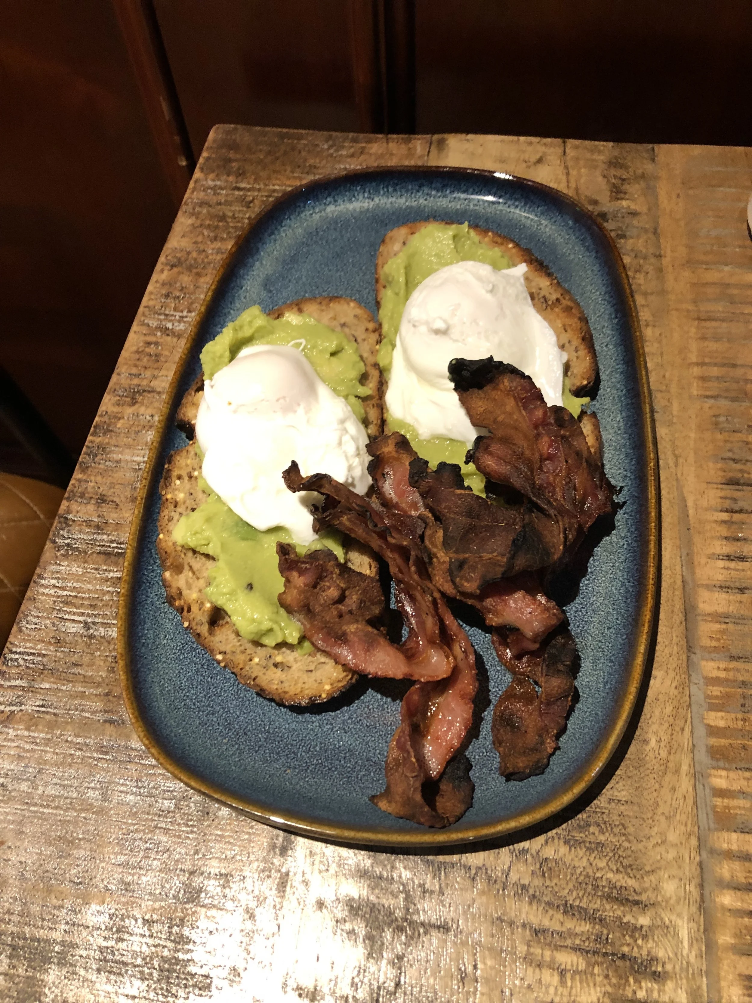 Plate with two poached eggs on avocado toast, crispy bacon, on a blue ceramic plate.