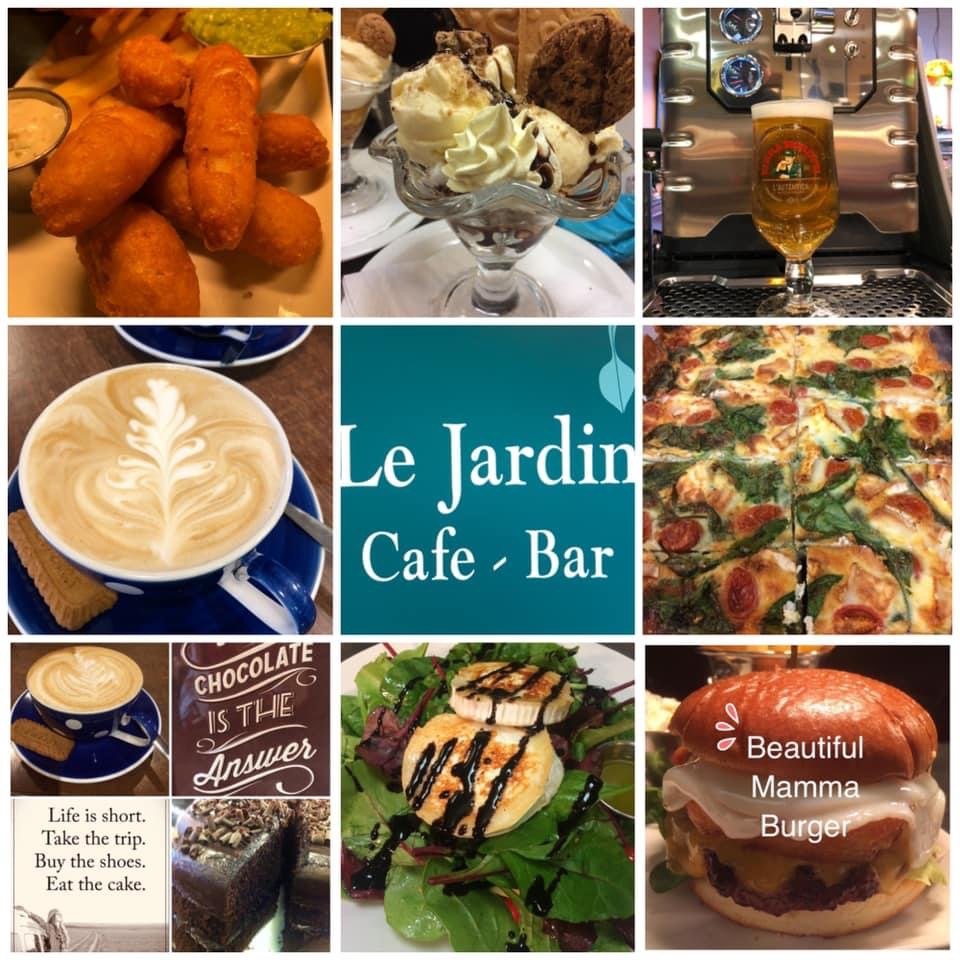 Collage of food and drinks at Le Jardin Café-Bar, including mozzarella sticks, ice cream sundae, beer, coffee, pizza, chocolate cake, salad, and a burger.