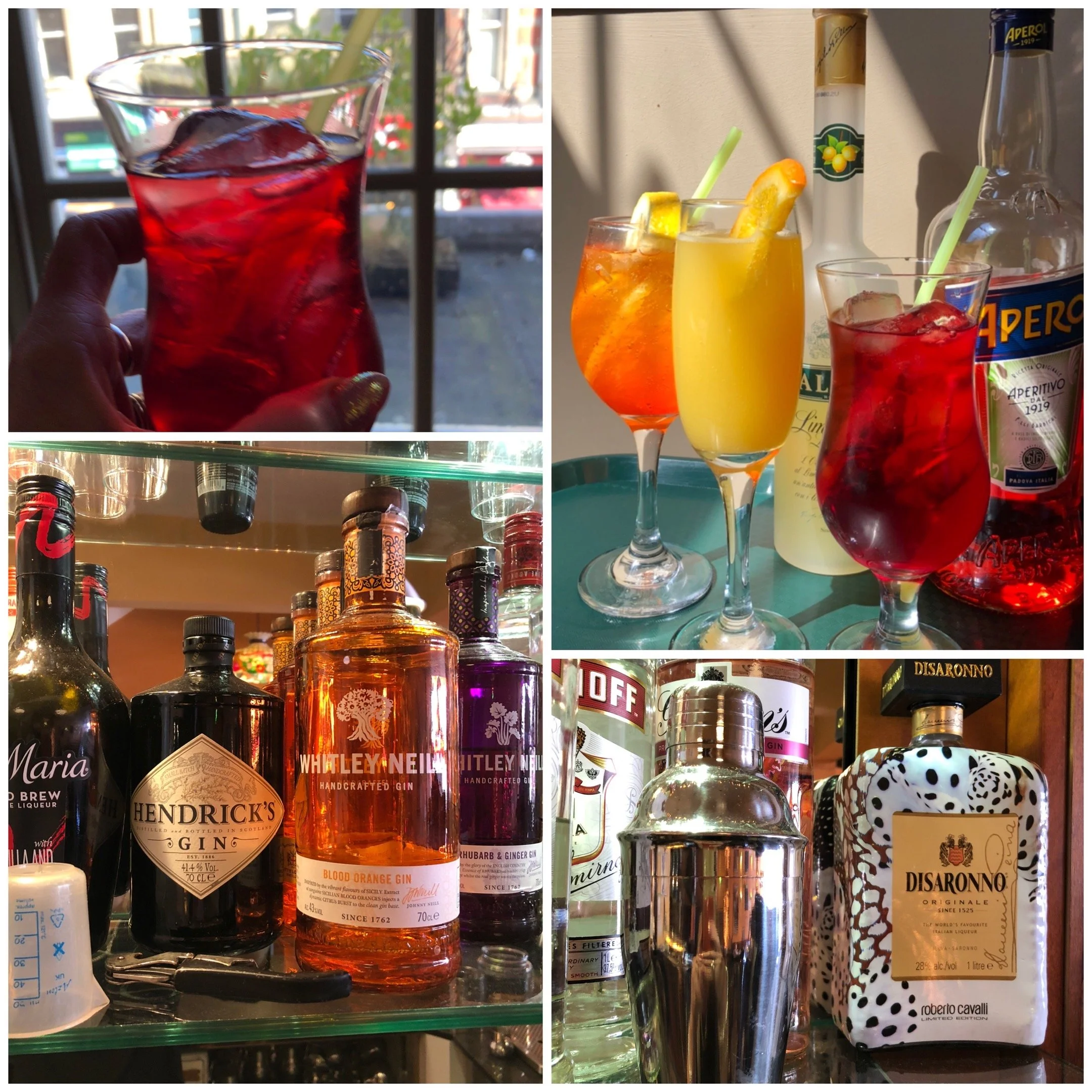 A collage of two images of various alcoholic beverages. The left image shows a hand holding a glass of red drink with ice, with a window and outdoor scene in the background. The right image shows a shelf with several bottles of liquor, including spir