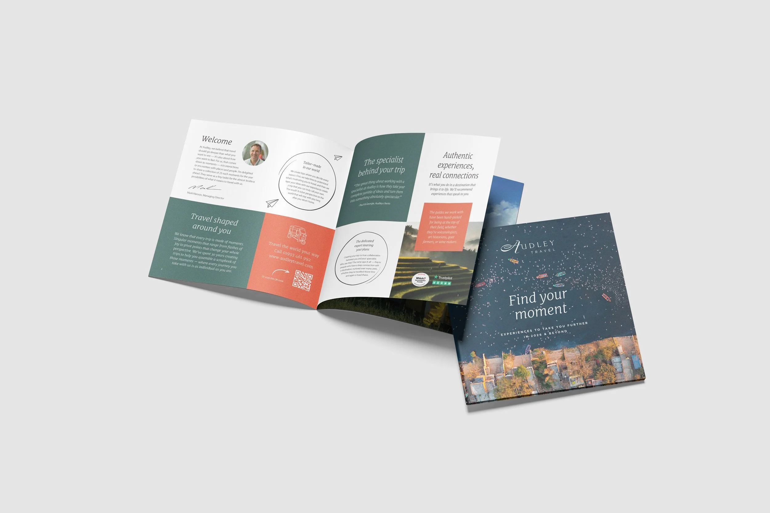 Open travel brochure displaying pages with information about travel experiences and experiences, featuring scenic images and colorful layouts.