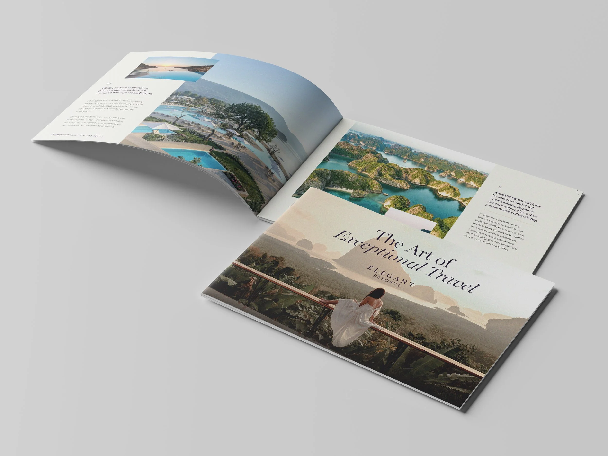 Open travel brochure featuring scenic images of islands, beaches, and islands surrounded by water, with a woman sitting and looking at the views.
