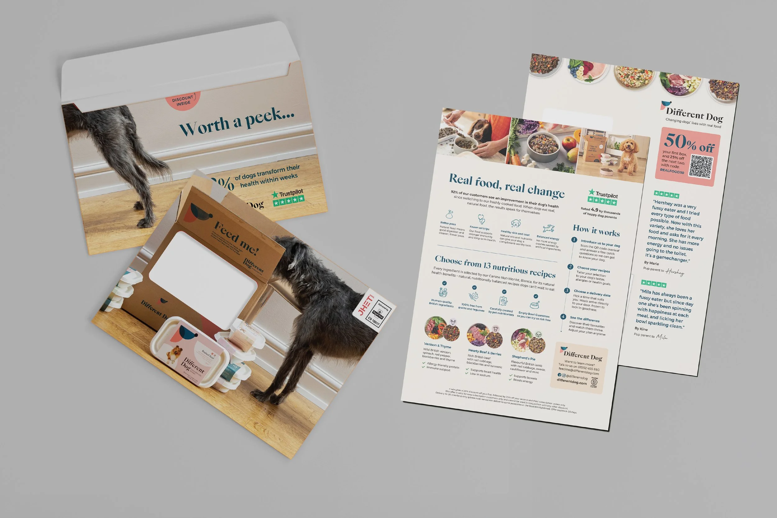 A paper flyer about dog food with a visible headline, images of dog food bowls, and a success rate of 92%. Part of a product display stand with dog food containers and a dog's tail visible in the background.