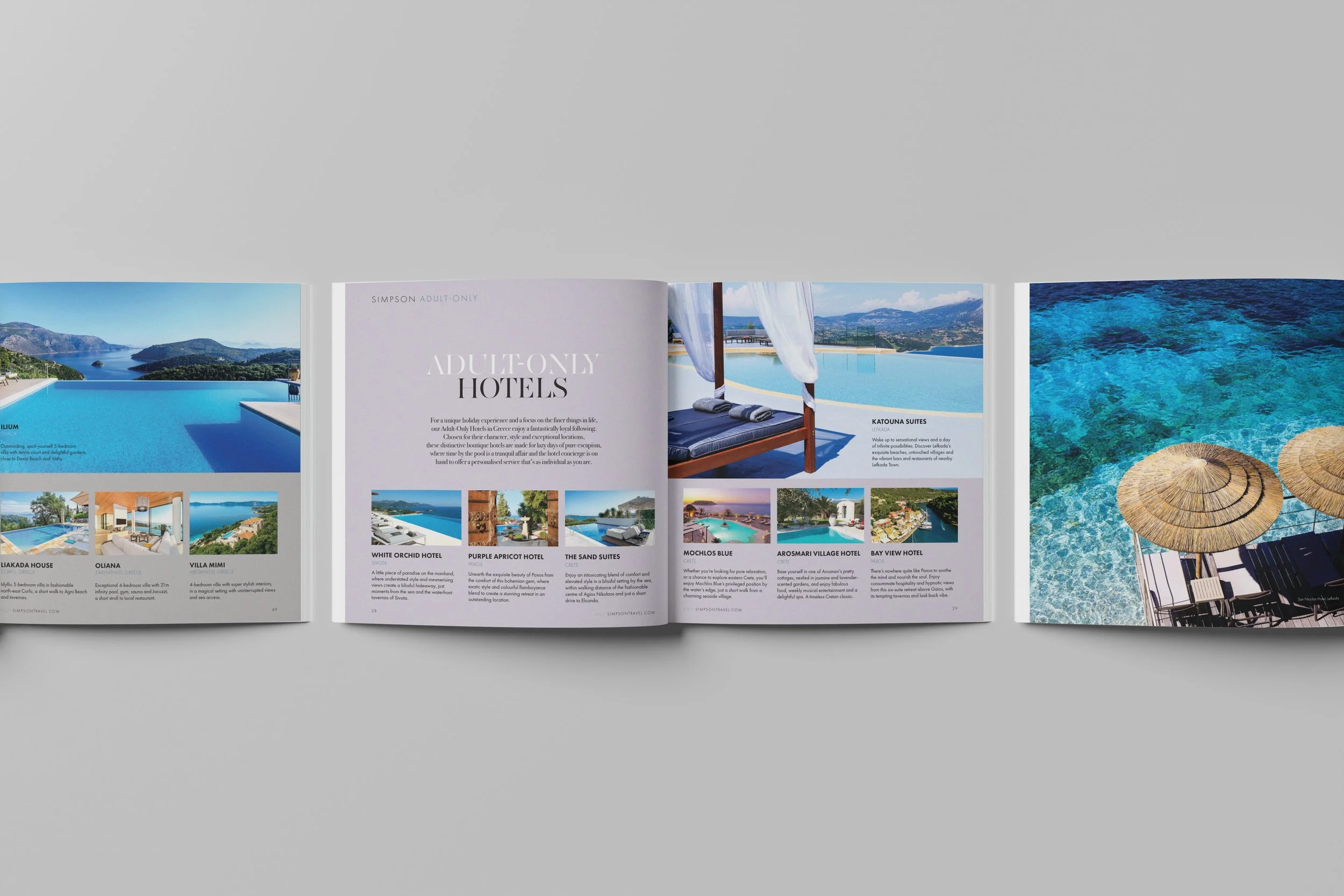 Open travel brochure showcasing luxury hotels with scenic views, infinity pools, and seaside resorts in Greece.