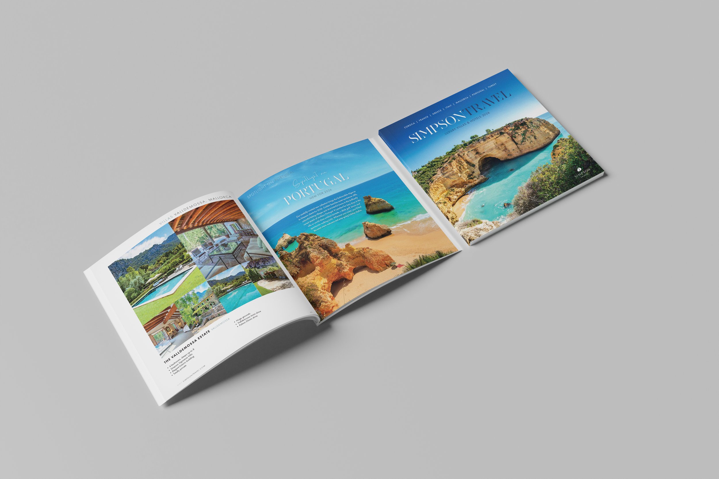 Open travel brochure featuring destinations in Portugal, including scenic beaches and coastal cliffs.