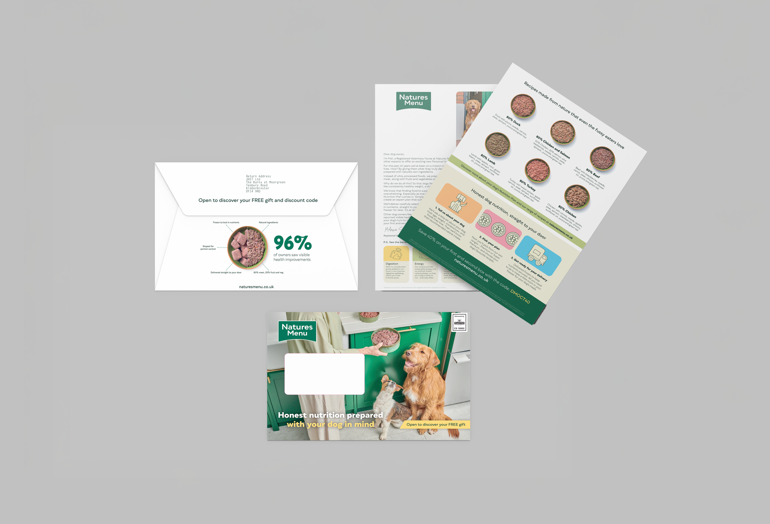 Two flyers and an envelope from Natures Menu, a dog food brand. The flyers display dog food options and benefits, with images of different dog food ingredients and dressed-up dogs, and emphasize honesty in dog nutrition.