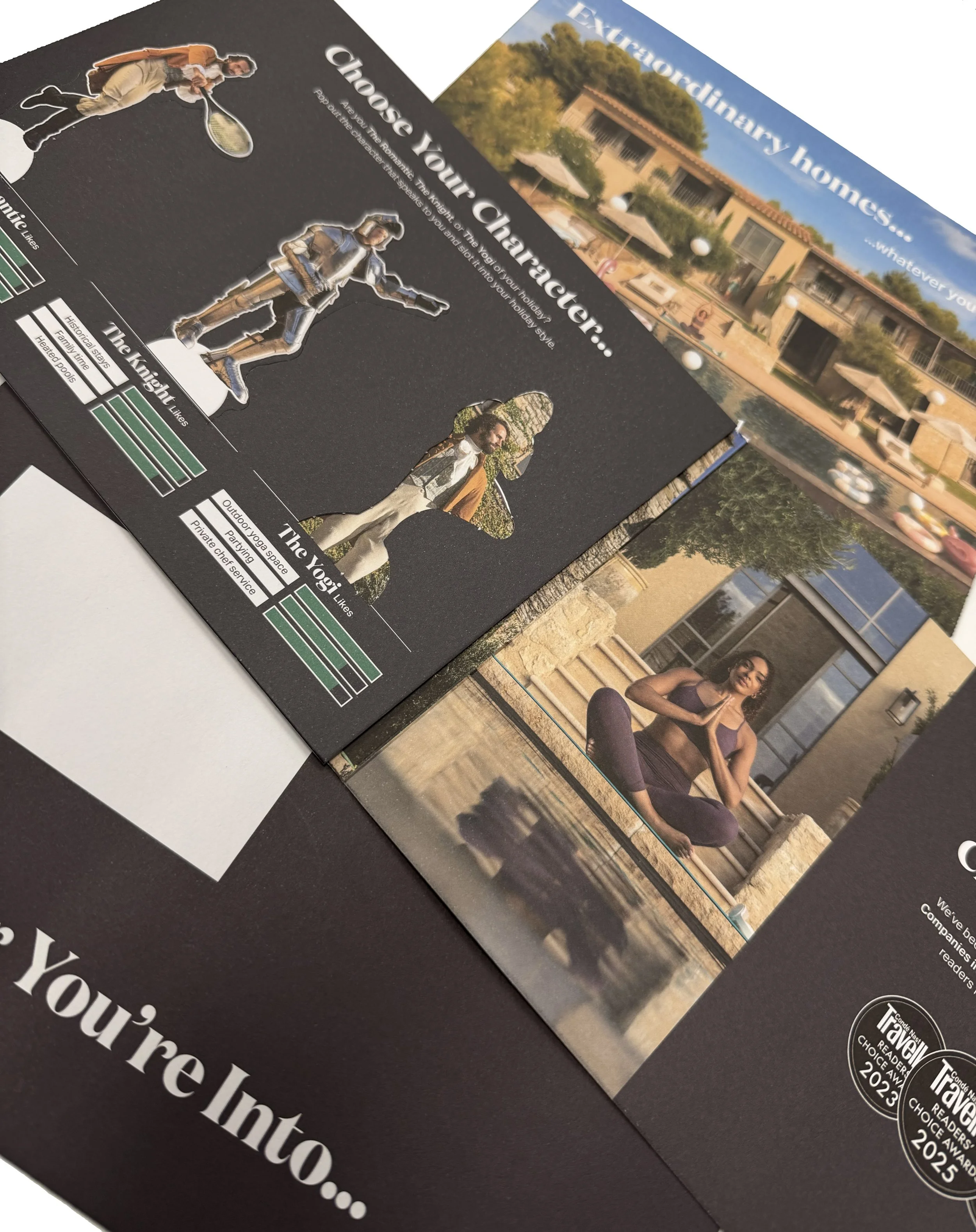 Brochure about attractive holiday homes featuring images of people practicing yoga outdoors and a large house with a pool, surrounded by trees and lounge umbrellas.