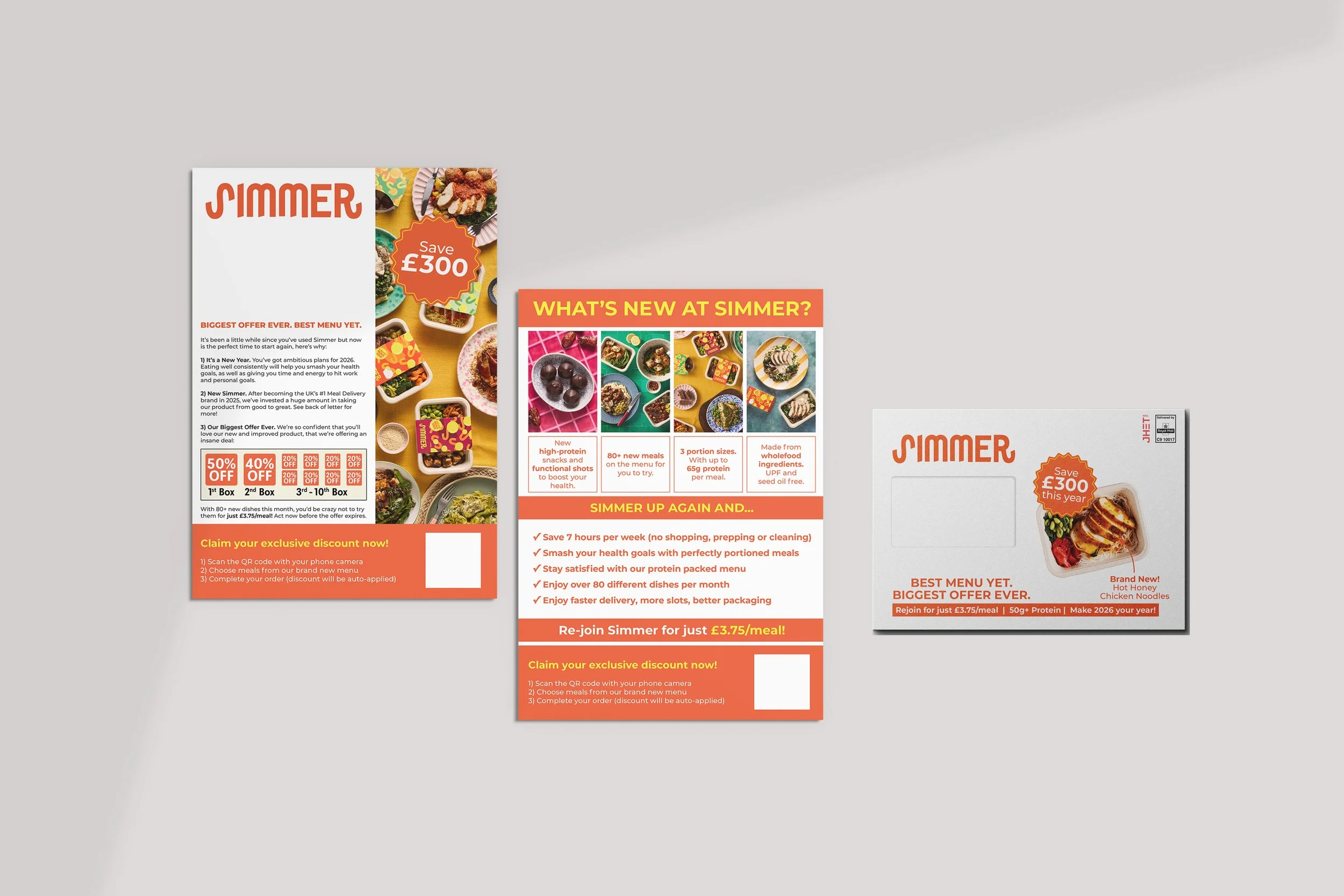 Promotional flyer for Simmer meal delivery service featuring images of prepared dishes and text about discounts, new menu items, and health benefits.