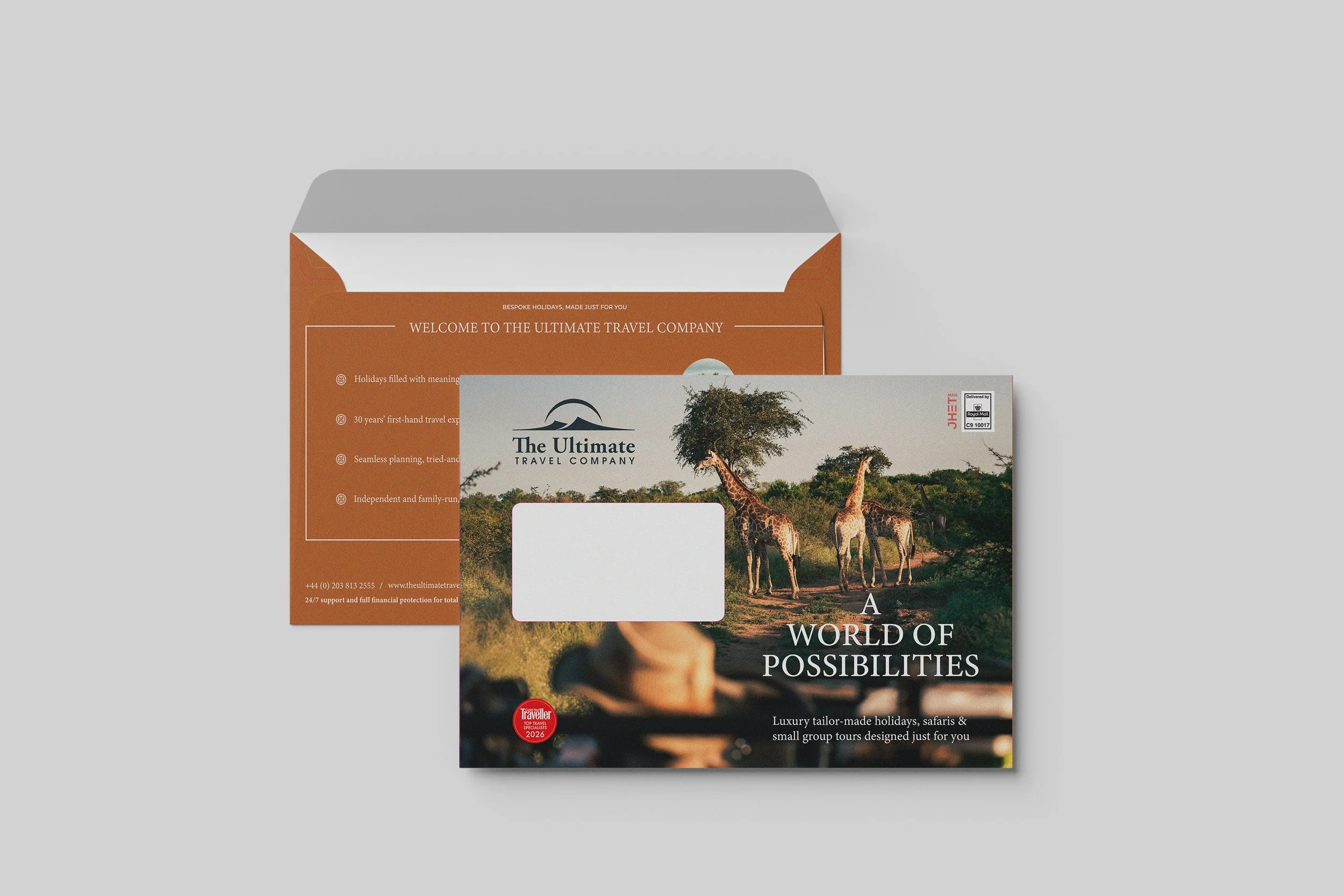 Brochure and flyer from The Ultimate Travel Company and A World of Possibilities with giraffes in a safari setting.