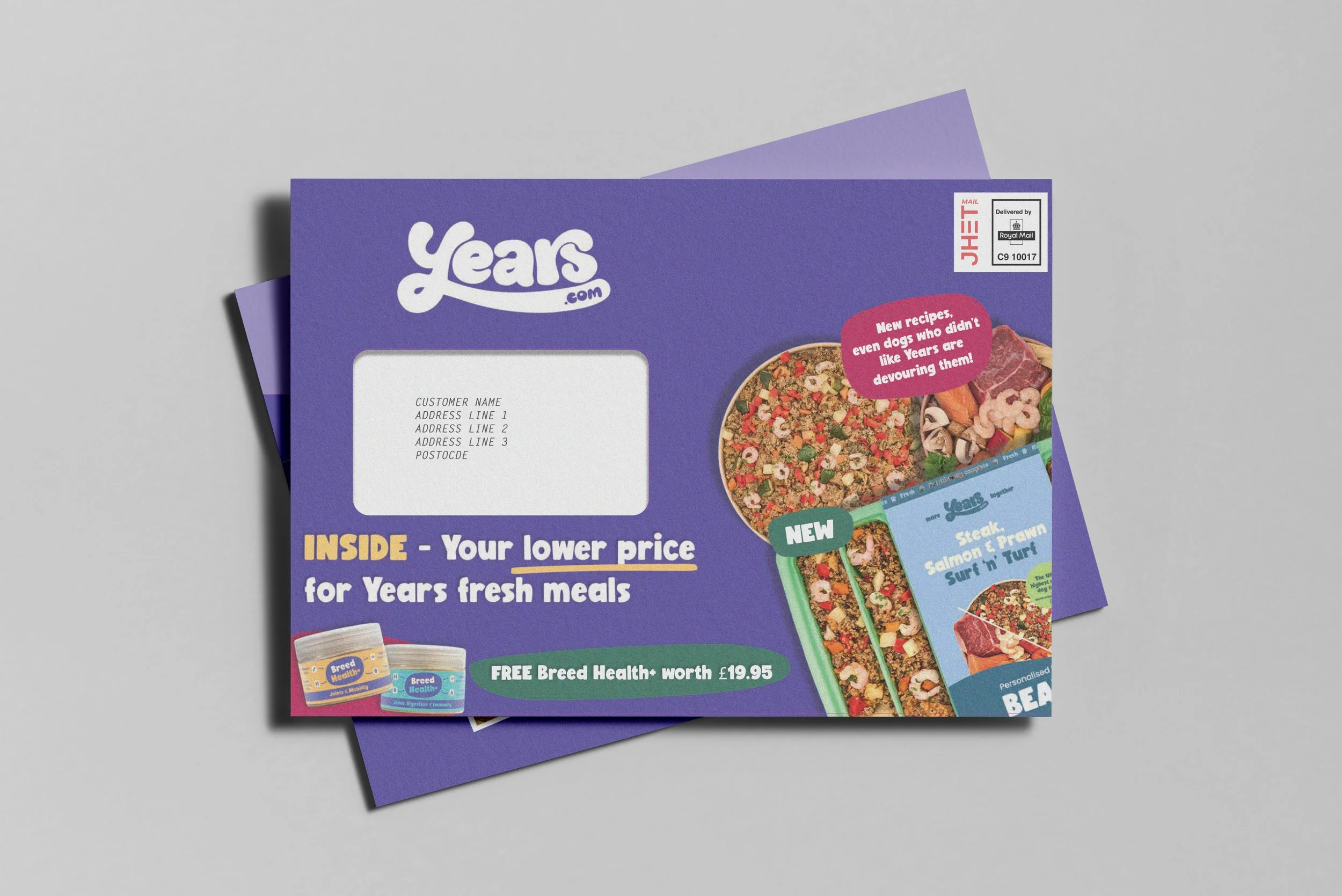 A purple flyer for Years.com featuring images of pet food, a pet food tray, and a pet food package, along with text advertising lower prices for Years fresh meals, a free breed health check, and a personalized pet meal plan.