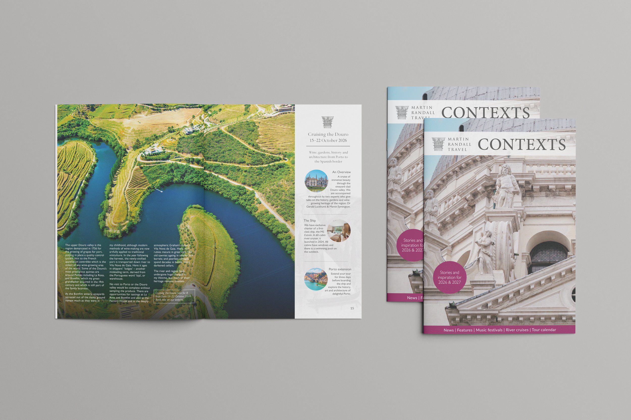 Open travel brochure for a cruise on the Douro River, featuring aerial photos of vineyards and river landscapes alongside images of classical architecture, with headings about travel contexts and upcoming events.