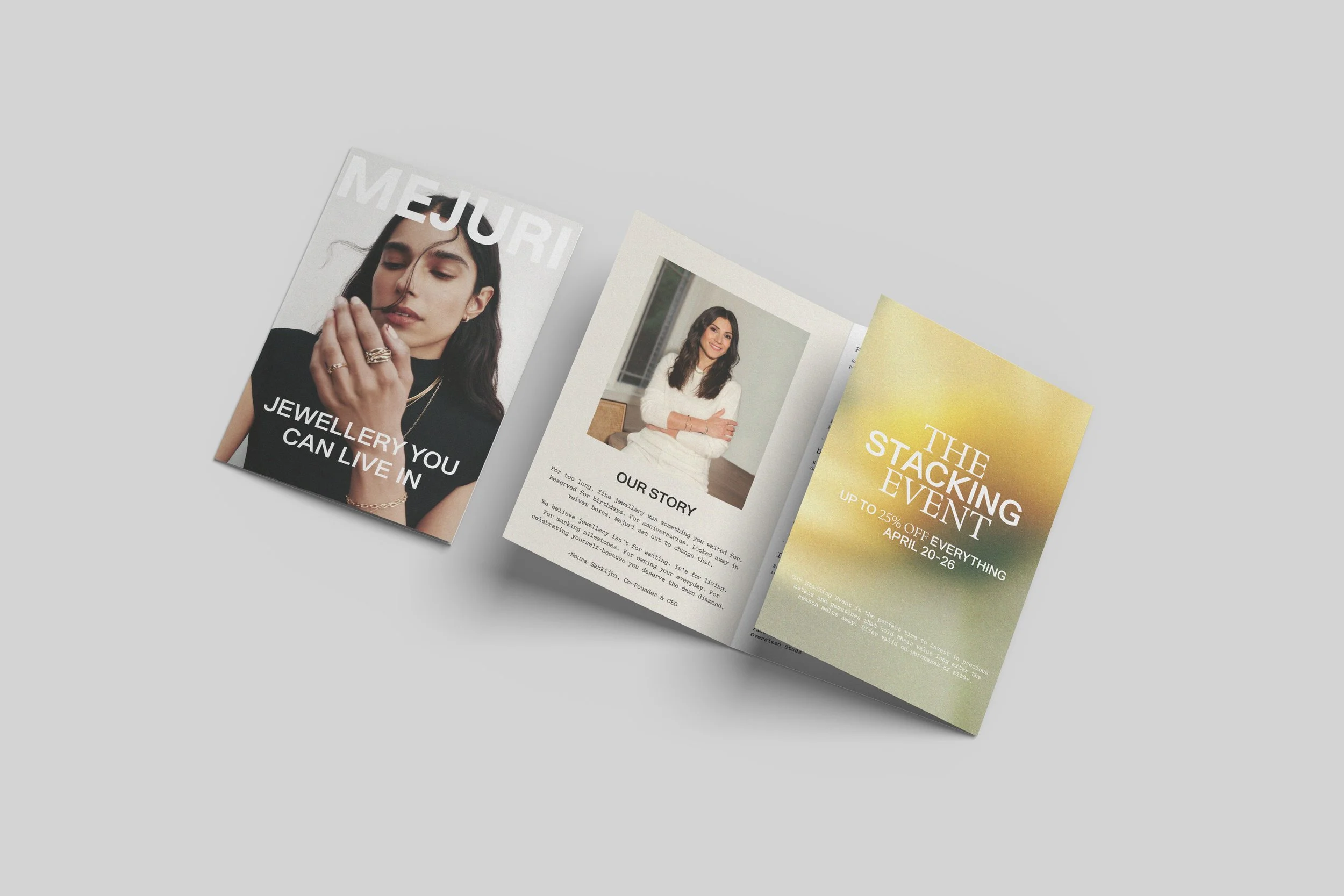 Open magazine pages featuring a woman with dark hair and jewelry on the left, a woman sitting with arms crossed on the right, and promotional text about an event with a gold background.