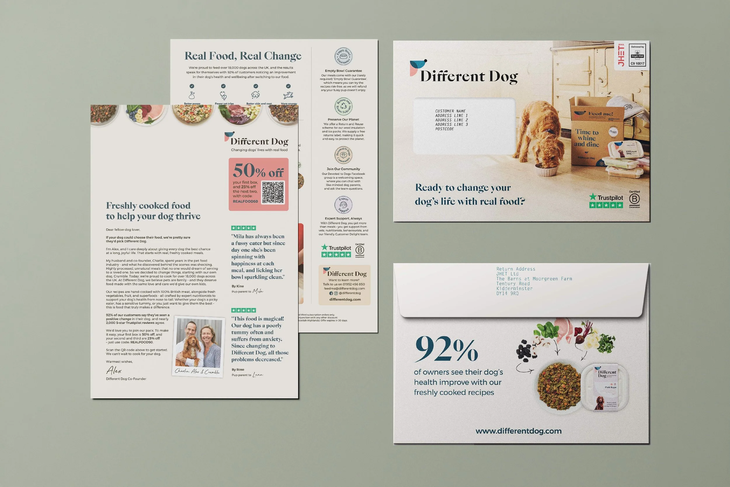 A collection of promotional flyers and brochures for a dog food company called 'Different Dog.' The materials feature images of dogs, dog food, and packaging, along with text about dog nutrition, discounts, and contact information.