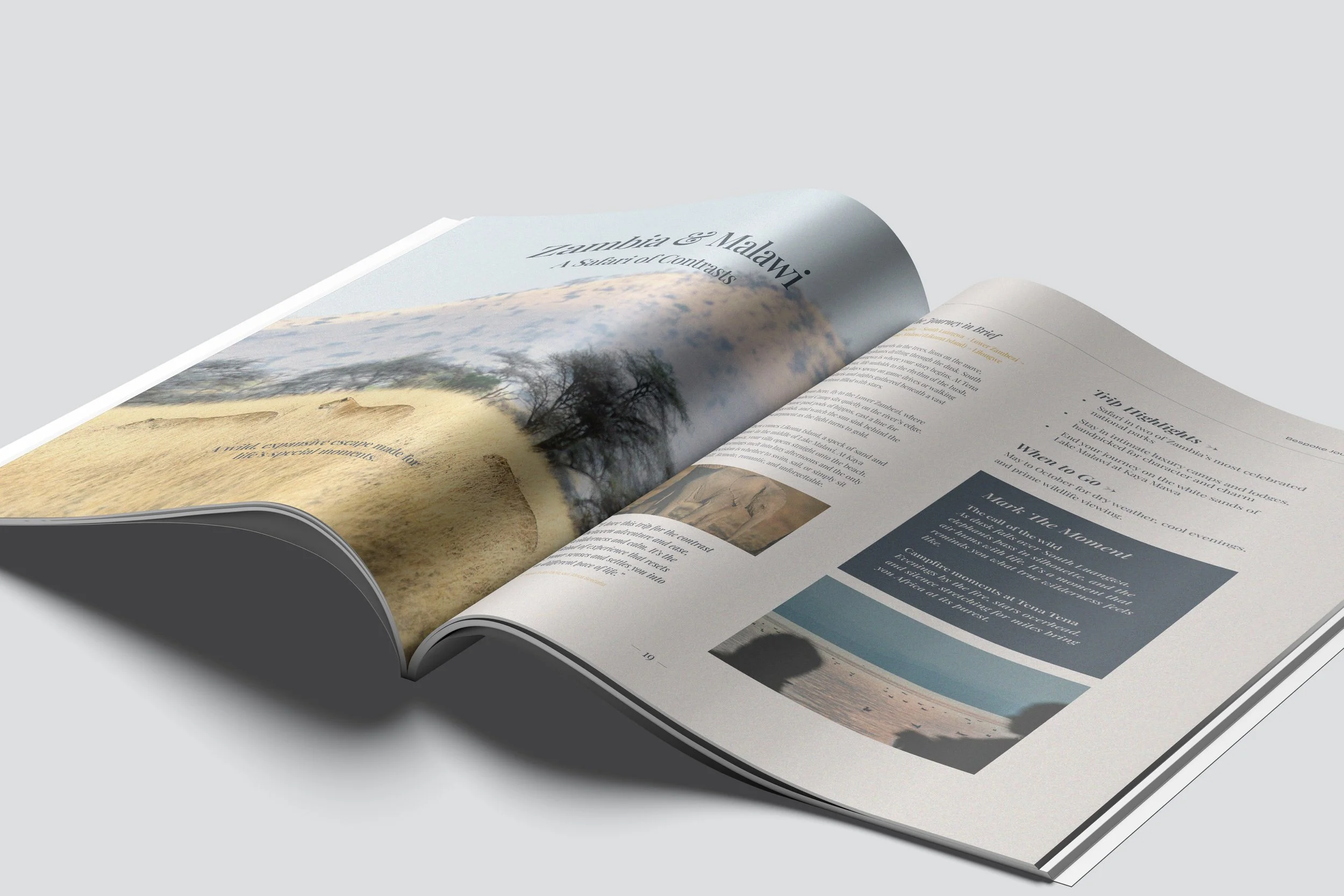 Open magazine showing pages with images of nature scenes, including trees, sand dunes, clouds, and a lake, along with text about Zambia and Malawi.