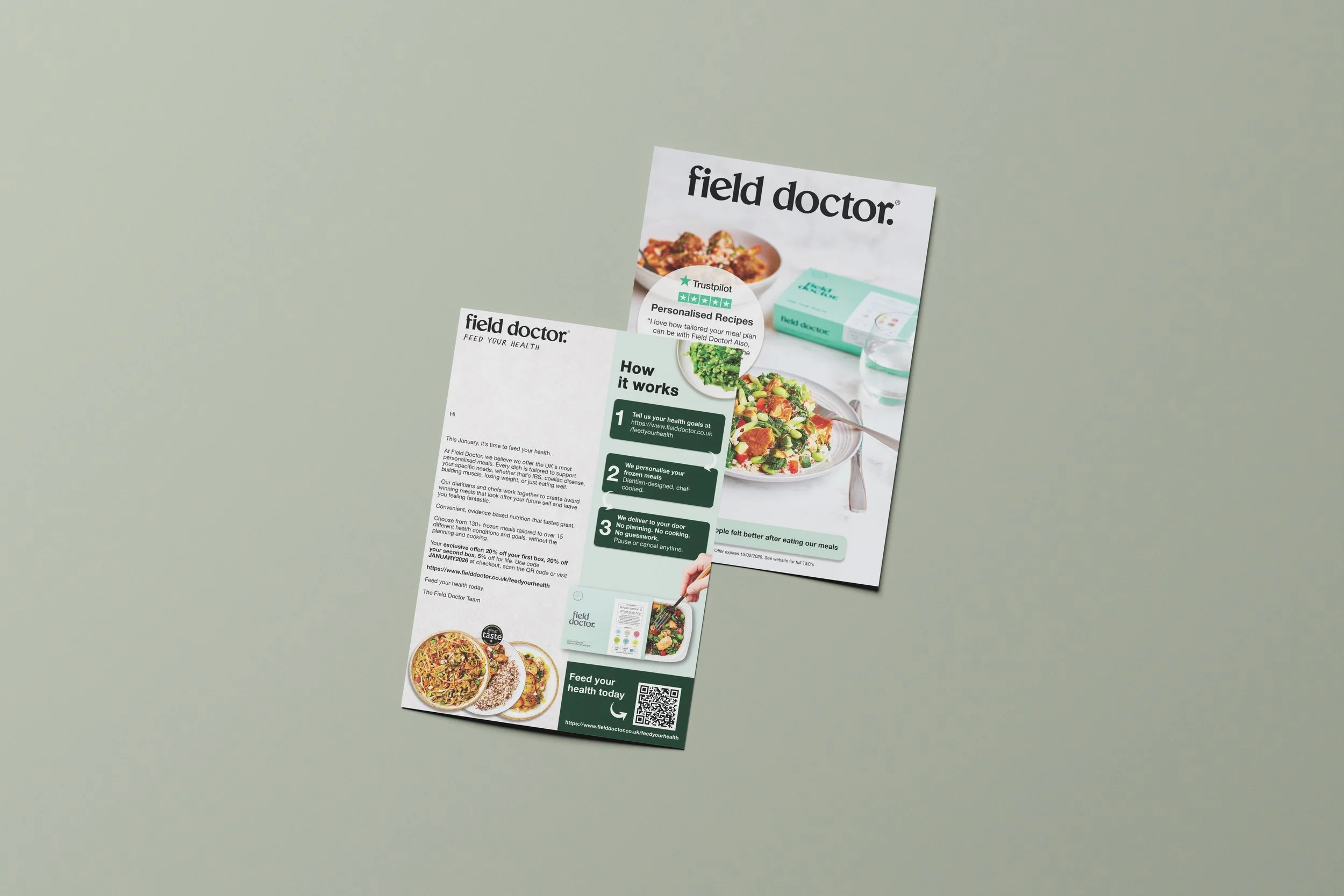 A brochure or flyer from Field Doctor, featuring images of food such as salads and dishes, along with text about personalized recipes and health planning, on a light green background.