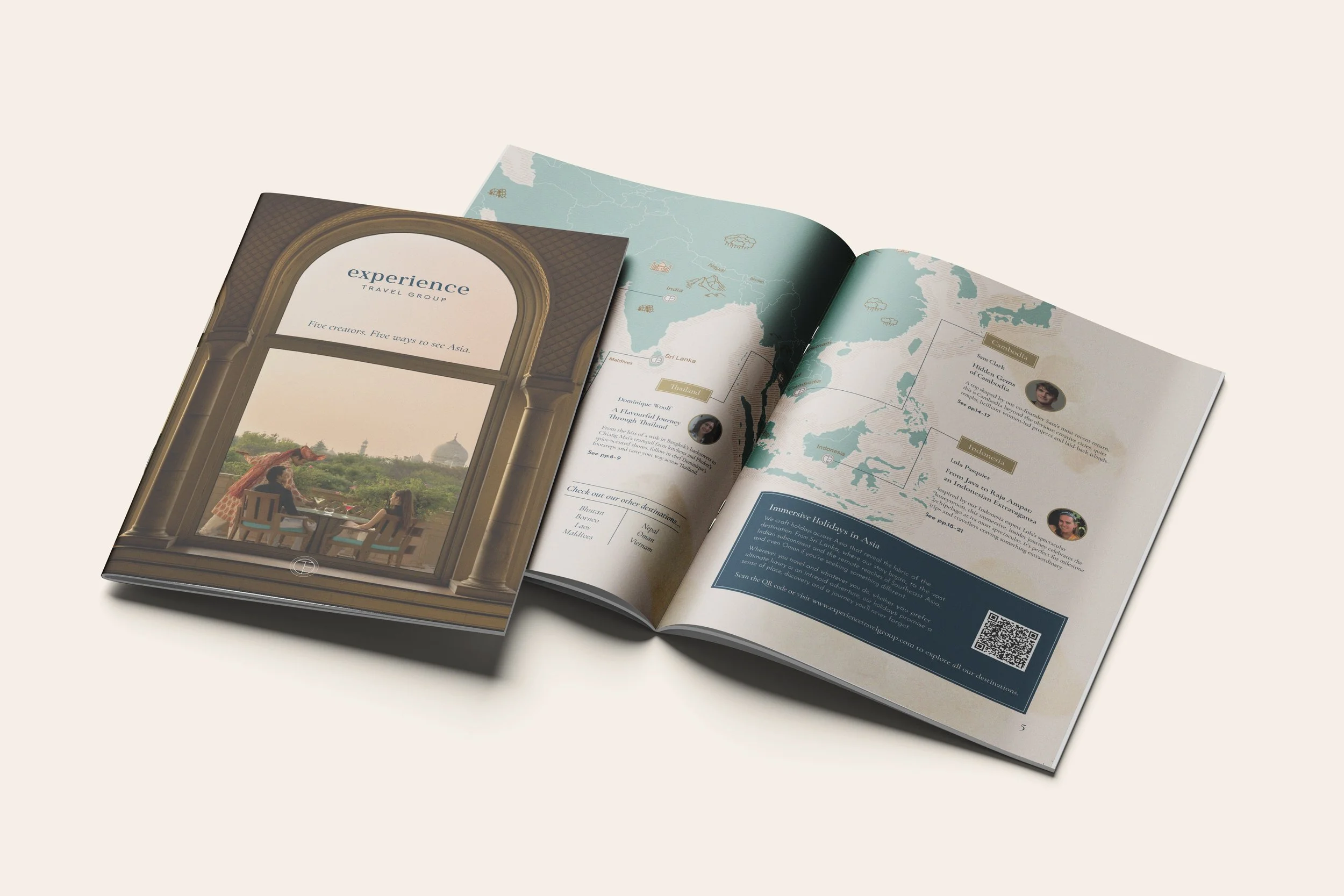 Open travel brochure pages featuring map of Asia, with highlights of different countries and travel experiences.