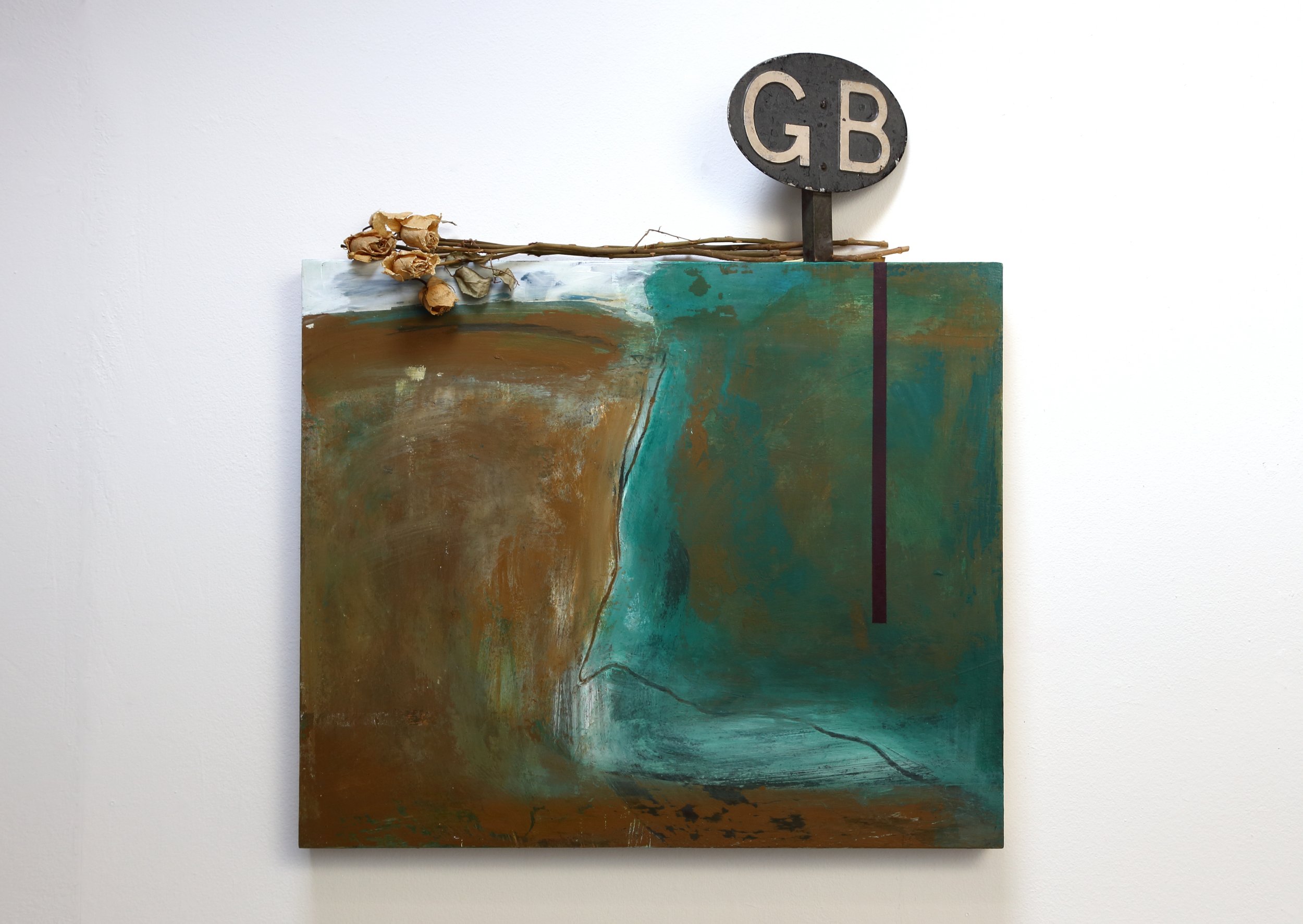 Border: Criss Cross, Abstract landscape painting with assemblage