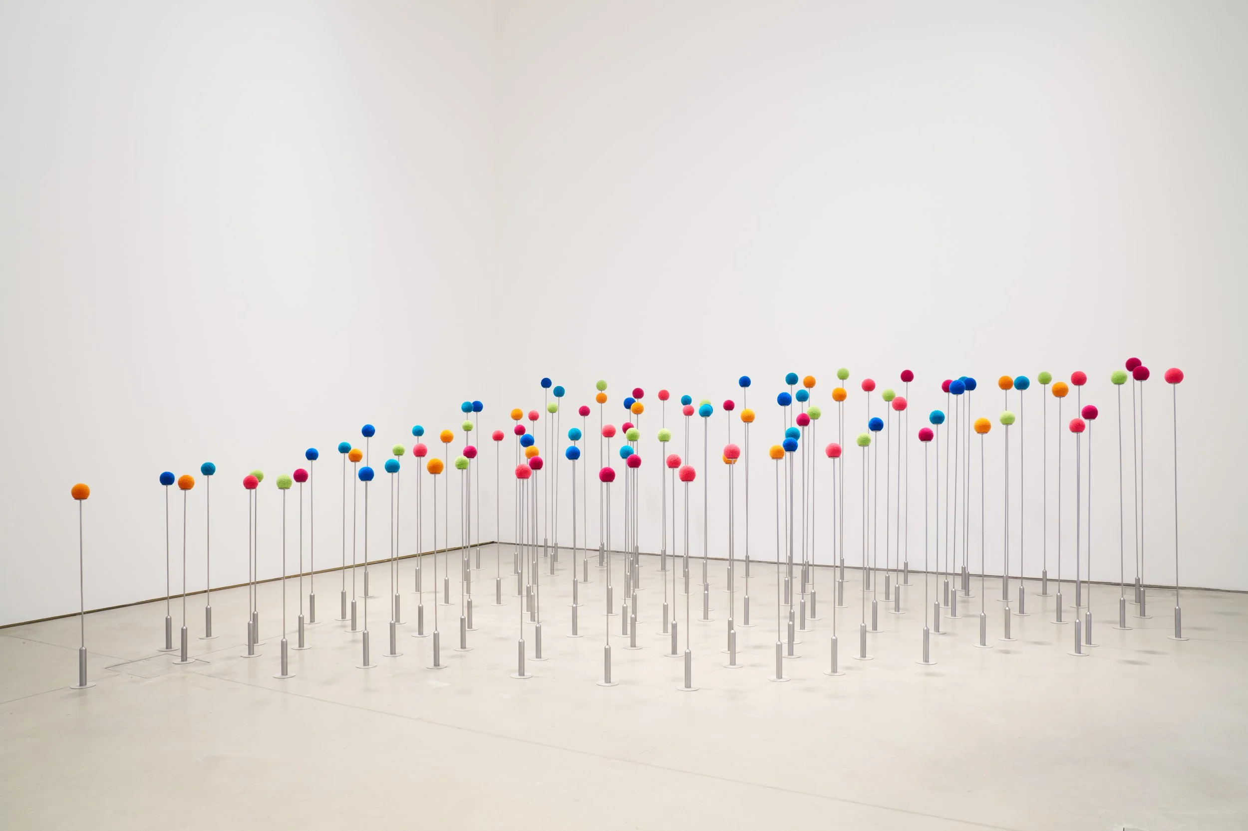 Look Well After Yourself, 2024, One hundred pom-pom sculptures, wool, lanolin and steel. 