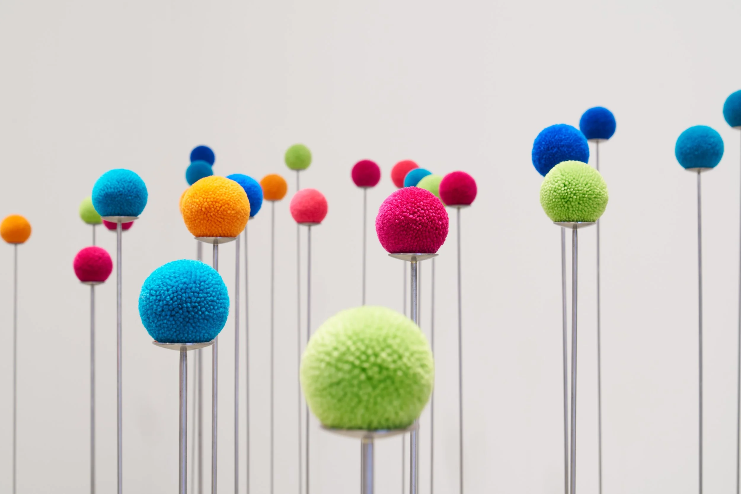 Look Well After Yourself, 2024, One hundred pom-pom sculptures, wool, lanolin and steel. 