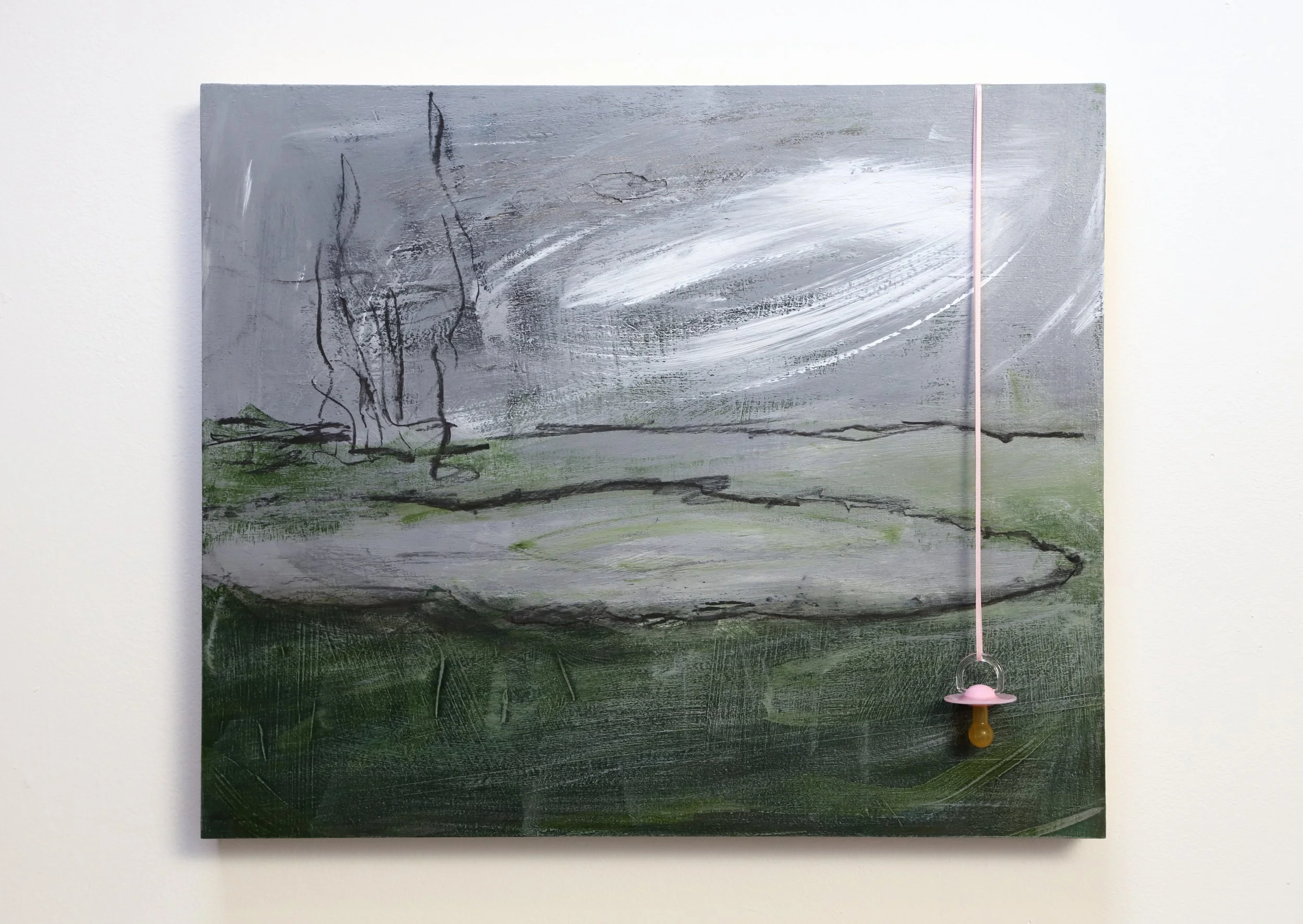 Millbourne Pond:Birth of a Rebel, Abstract landscape painting with drawing and assemblage