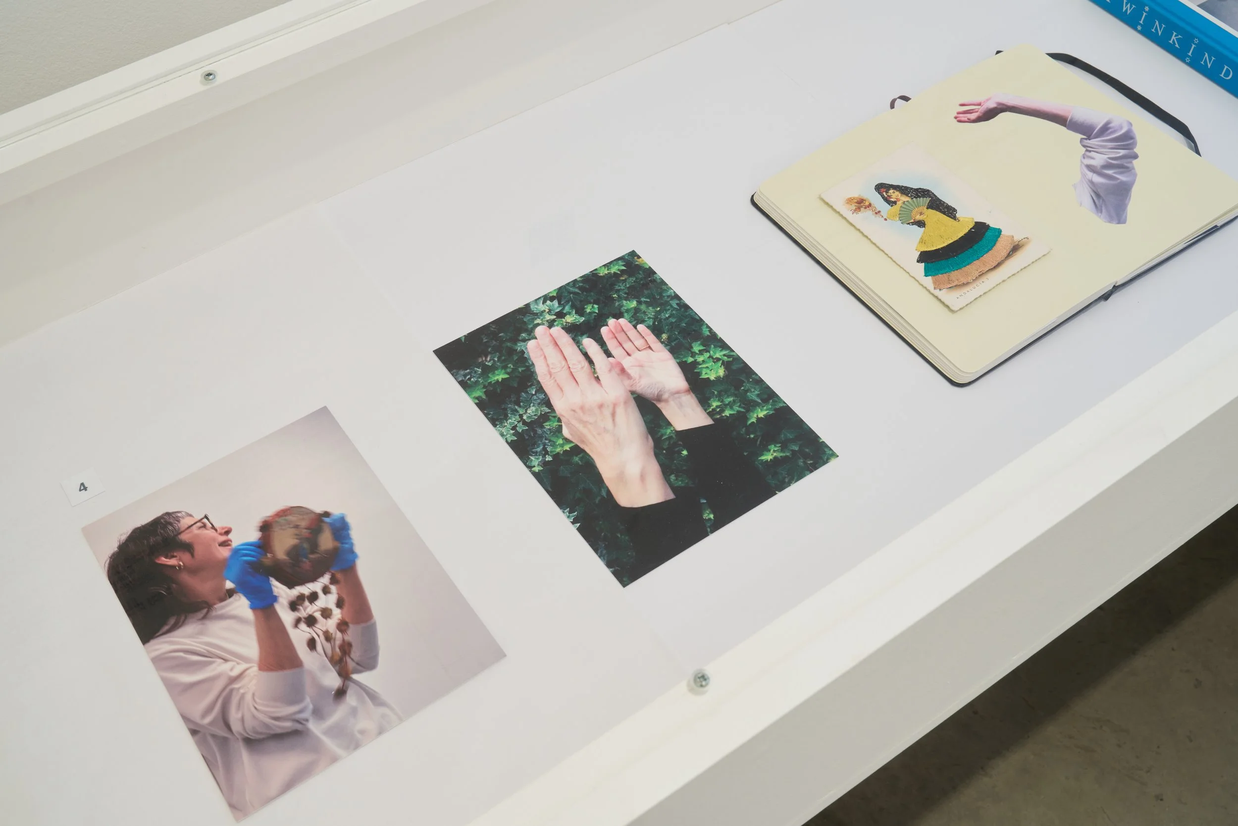 Look Well After Yourself, 2024, Two photographs, Boue’s sketchbook and a delicately sewn vintage postcard comprise a Lexicon of Gestures and offer a glimpse of hand-cut collage explorations.