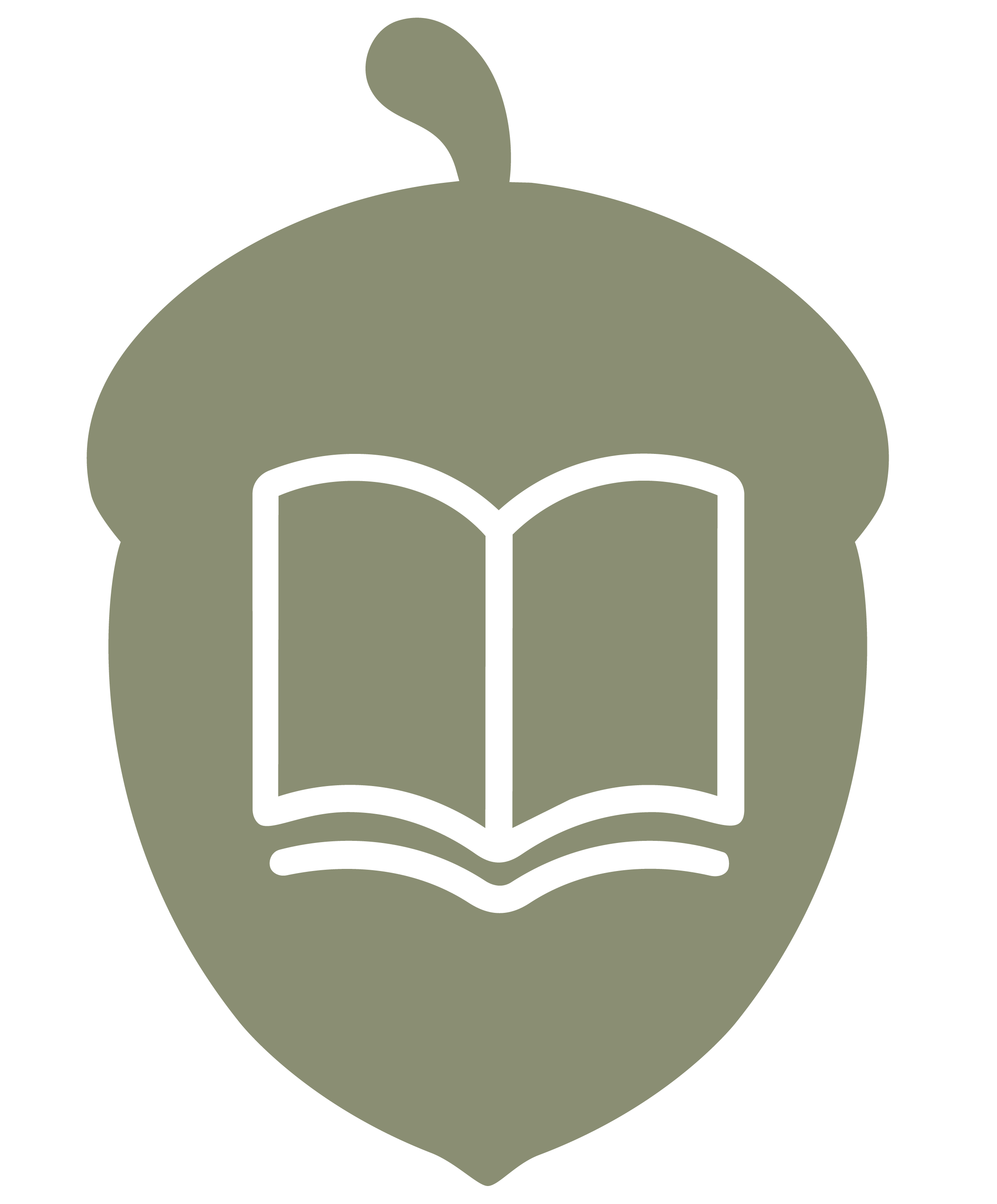 Icon of an open book inside a stylized green apple outline.